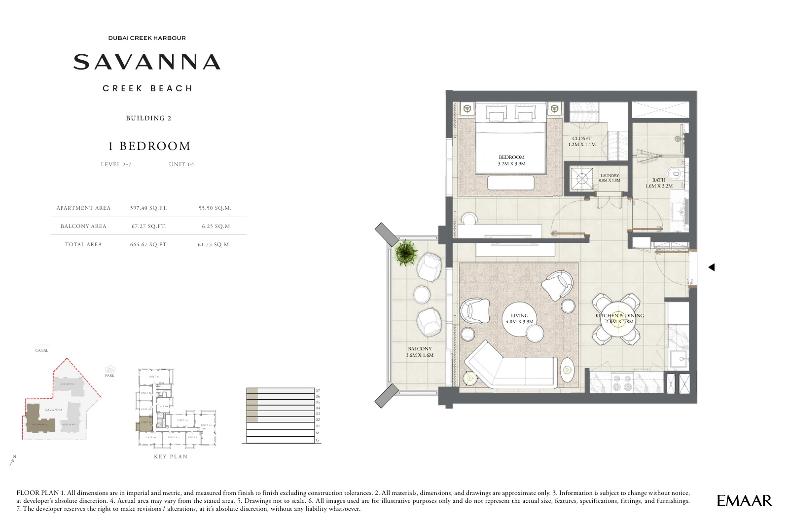 Floor plan for Building 2 - Level 2-7 - Unit 04 - 1 Bedroom