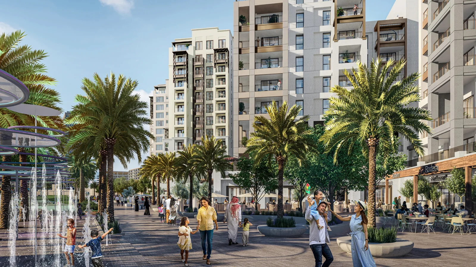 Central pedestrian plaza with water features, landscaping and ground-floor dining.