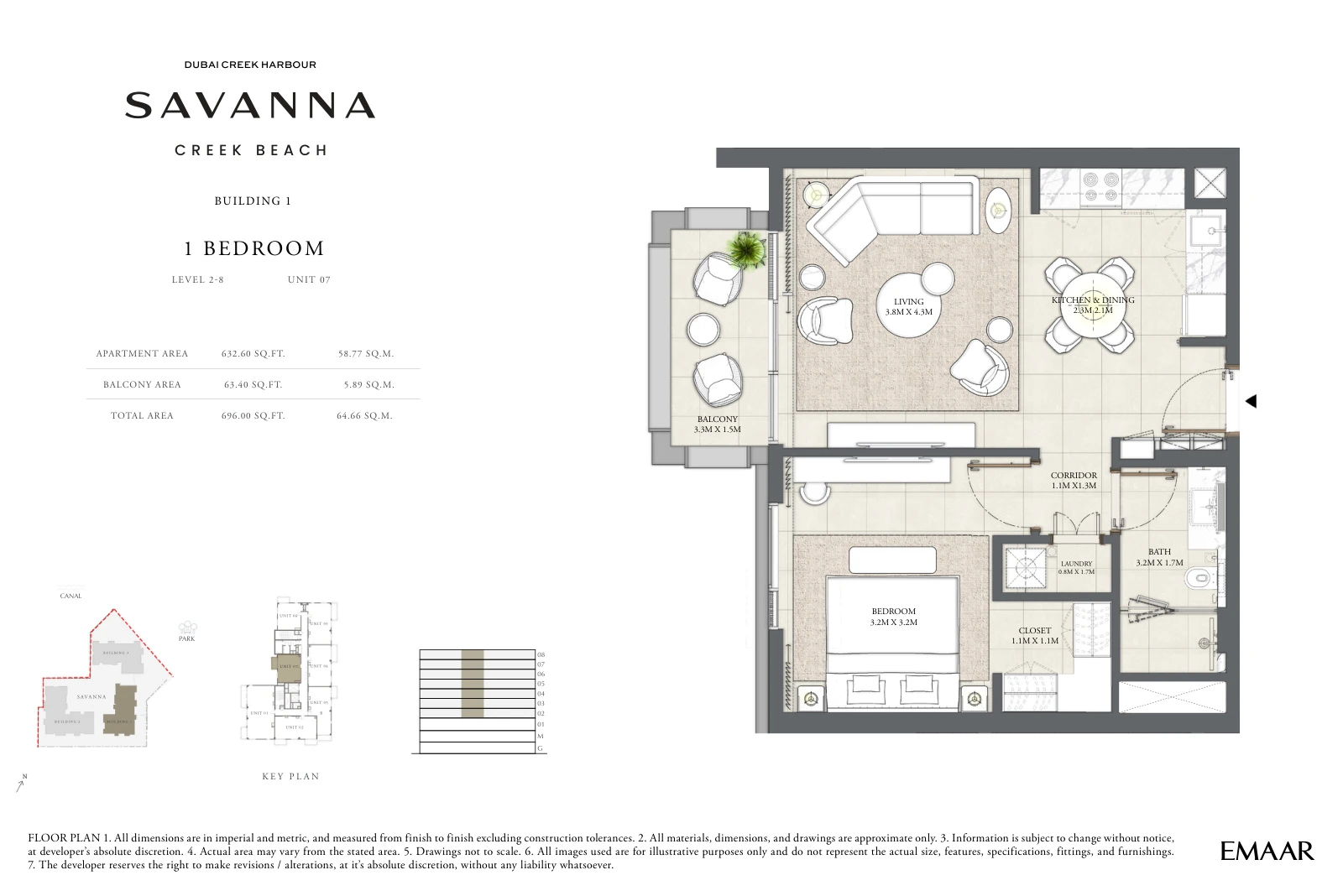 Floor plan for Building 1 - Level 2-8 - Unit 07 - 1 Bedroom