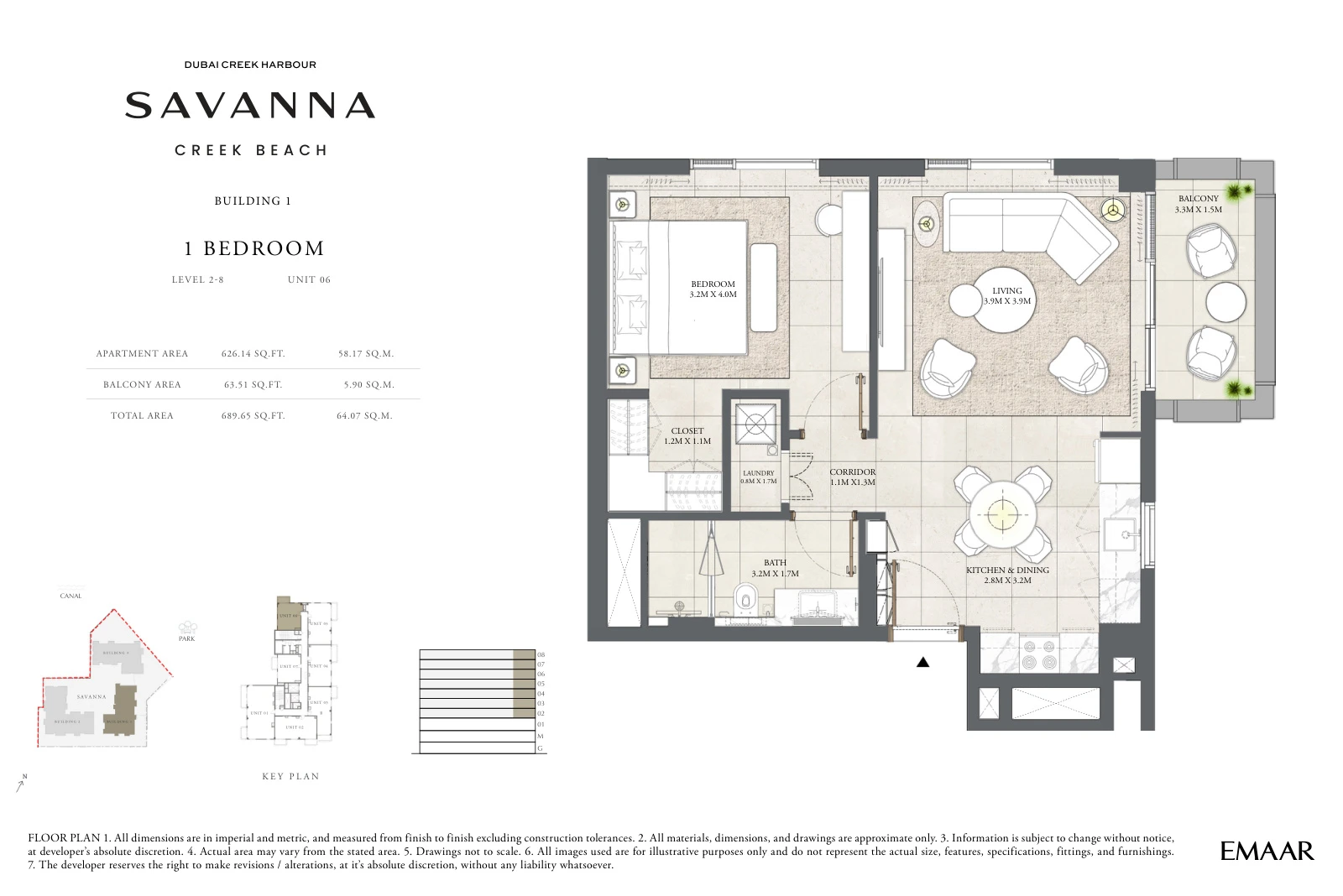 Floor plan for Building 1 - Level 2-8 - Unit 06 - 1 Bedroom