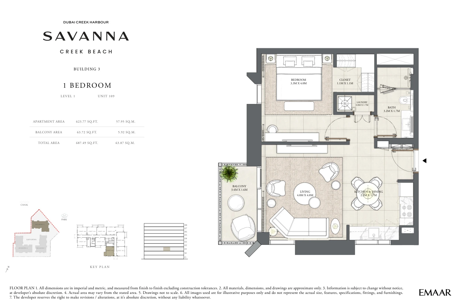 Floor plan for Building 3 - Level 1 - Unit 109 - 1 Bedroom