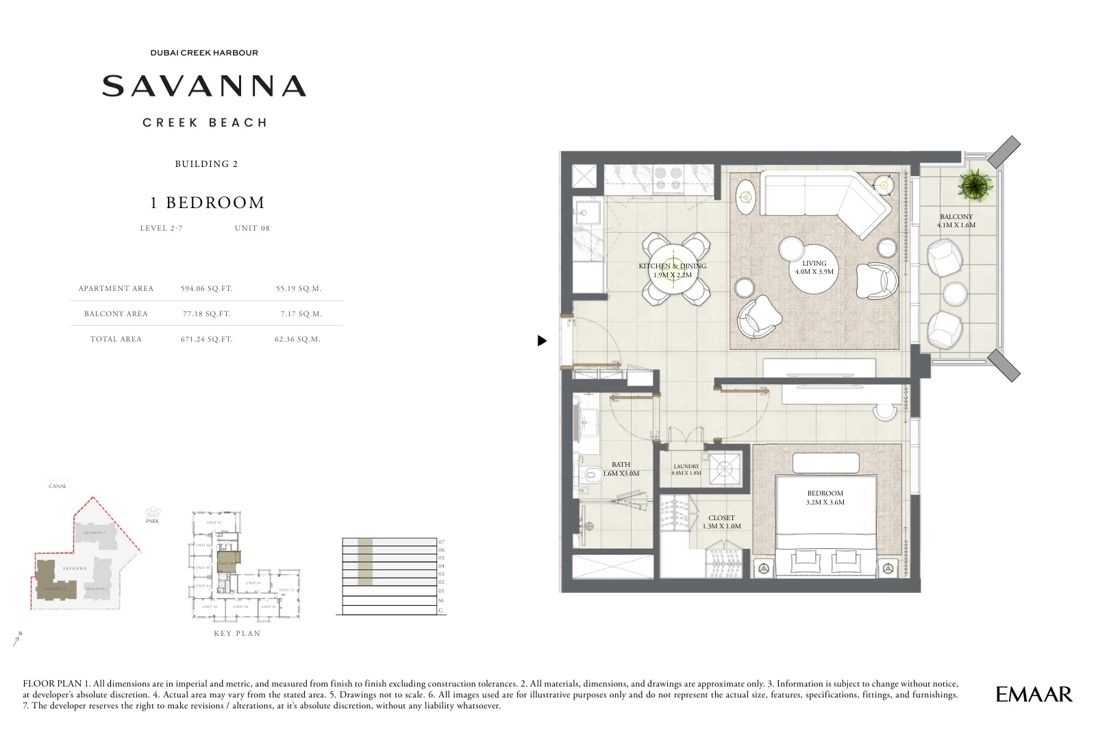 Floor plan for Building 2 - Level 2-7 - Unit 08 - 1 Bedroom