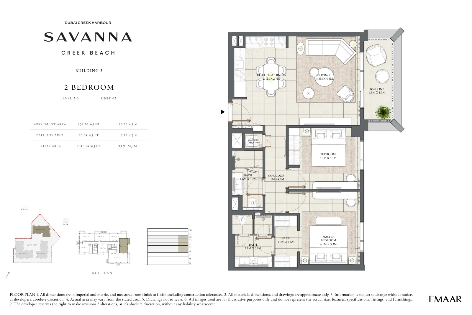 Floor plan for Building 3 - Level 2-6 - Unit 02 - 2 Bedrooms