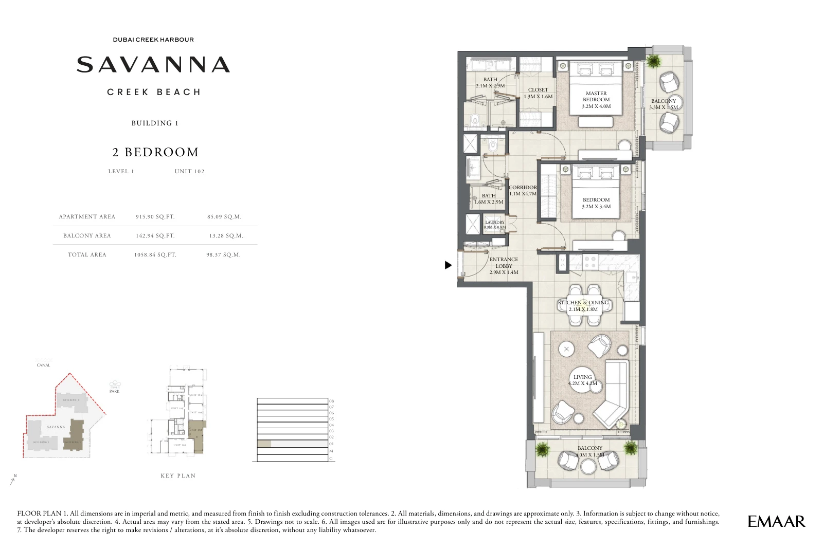Floor plan for Building 1 - Level 1 - Unit 102 - 2 Bedrooms