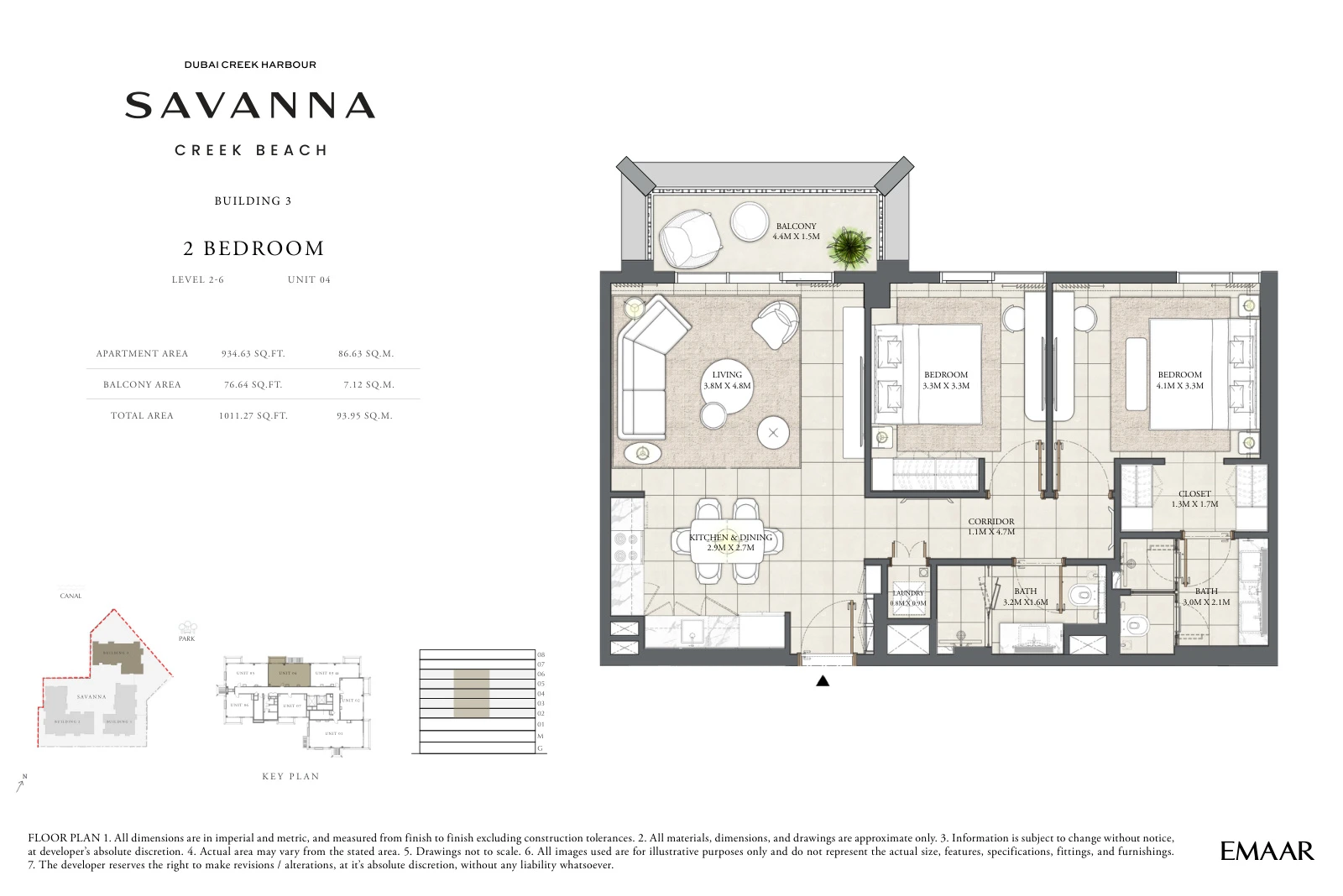 Floor plan for Building 3 - Level 2-6 - Unit 04 - 2 Bedrooms