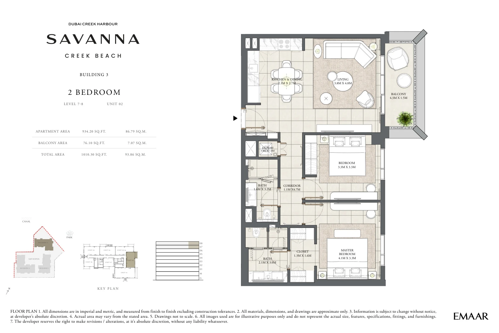 Floor plan for Building 3 - Level 7-8 - Unit 02 - 2 Bedrooms