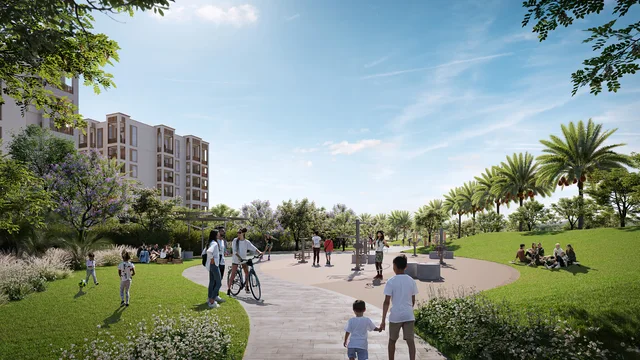 Savanna buildings beside a landscaped community park and walking paths.