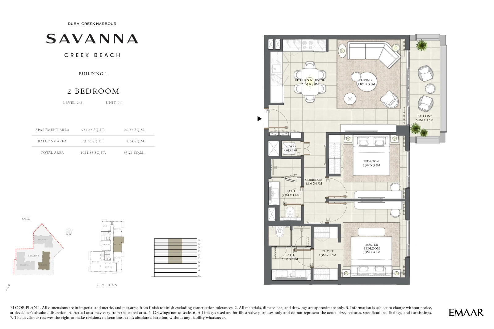 Floor plan for Building 1 - Level 2-8 - Unit 04 - 2 Bedrooms