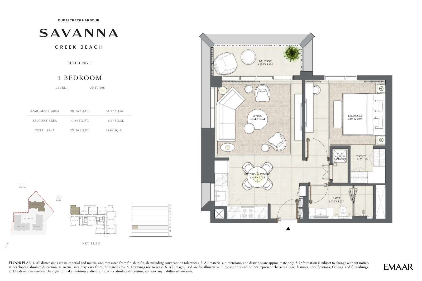 Floor plan for Building 3 - Level 1 - Unit 106 - 1 Bedroom