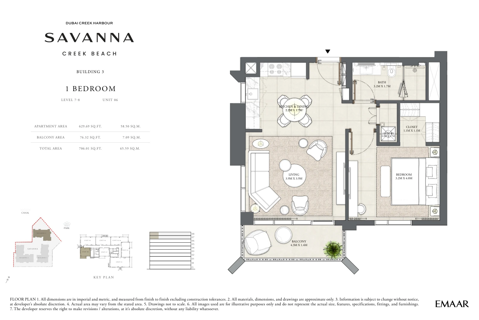 Floor plan for Building 3 - Level 7-8 - Unit 06 - 1 Bedroom