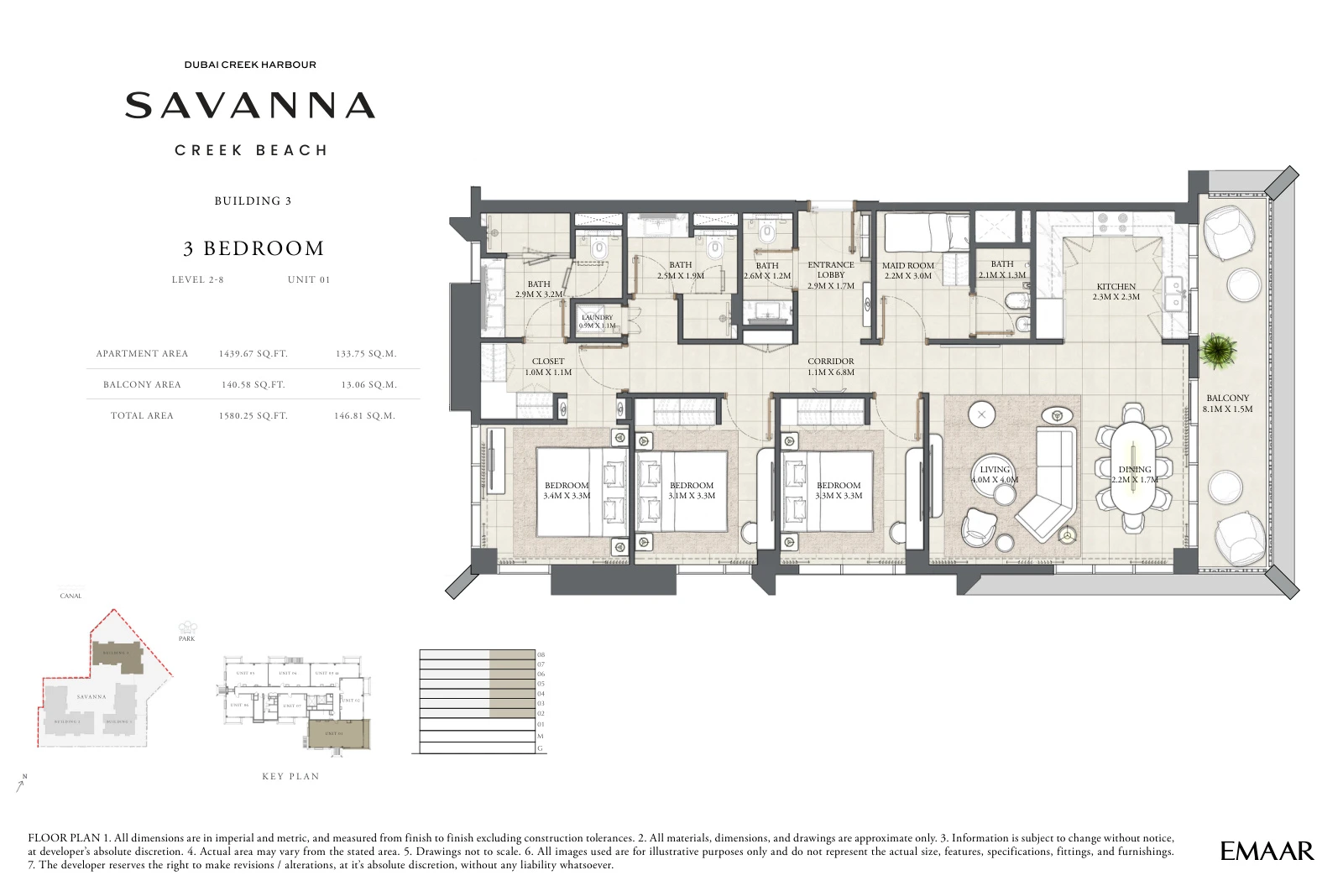 Floor plan for Building 3 - Level 2-8 - Unit 01 - 3 Bedrooms