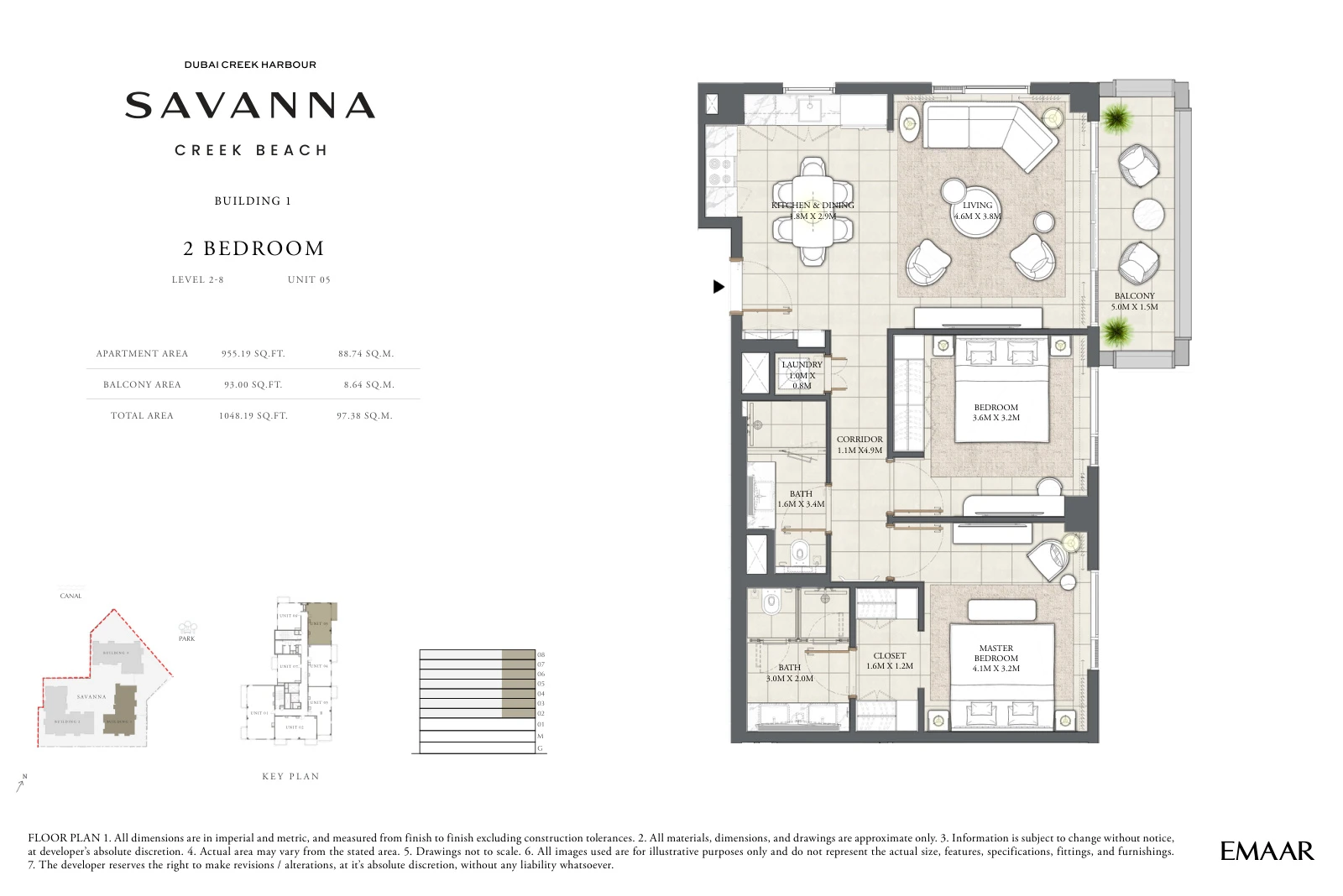 Floor plan for Building 1 - Level 2-8 - Unit 05 - 2 Bedrooms