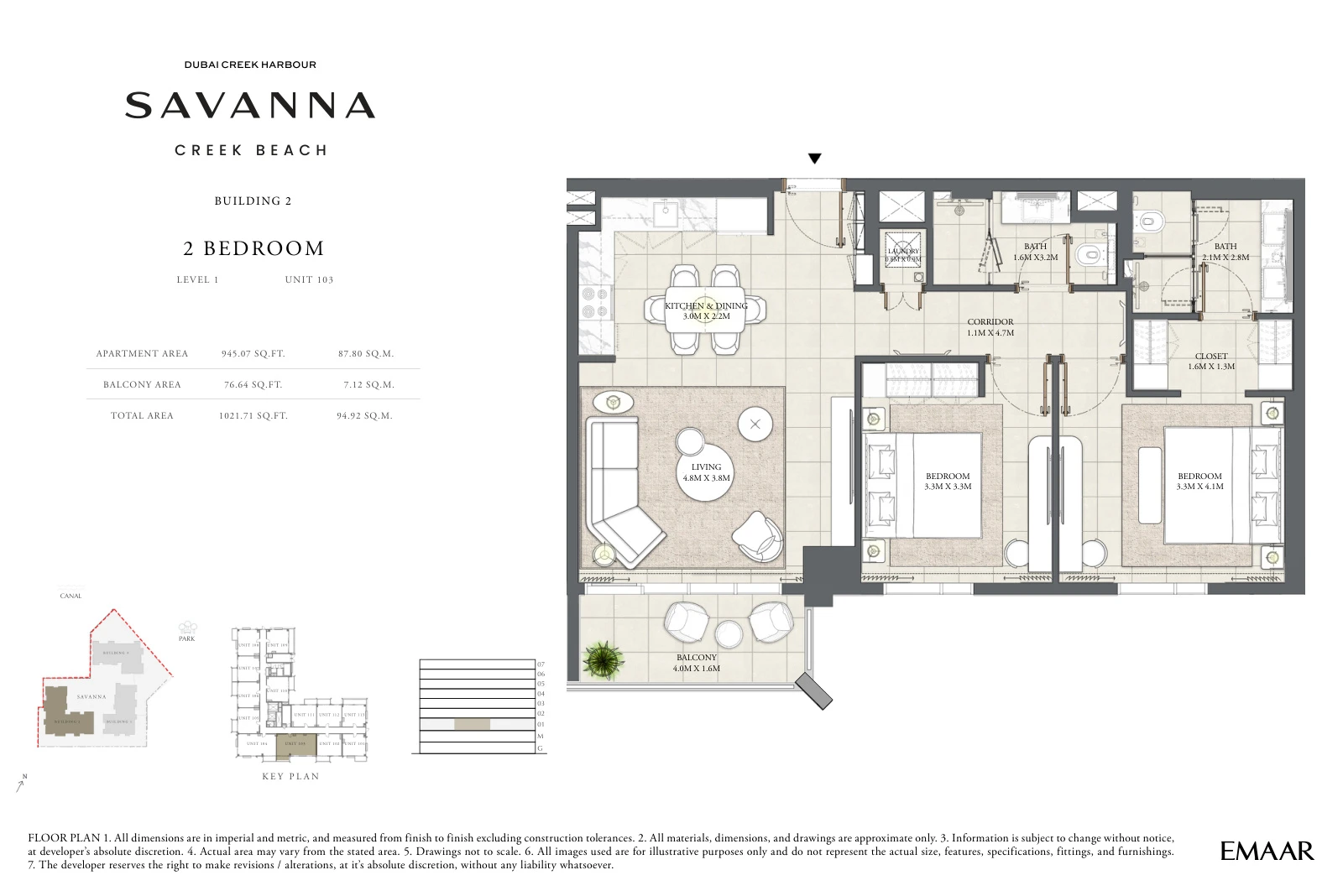 Floor plan for Building 2 - Level 1 - Unit 103 - 2 Bedrooms