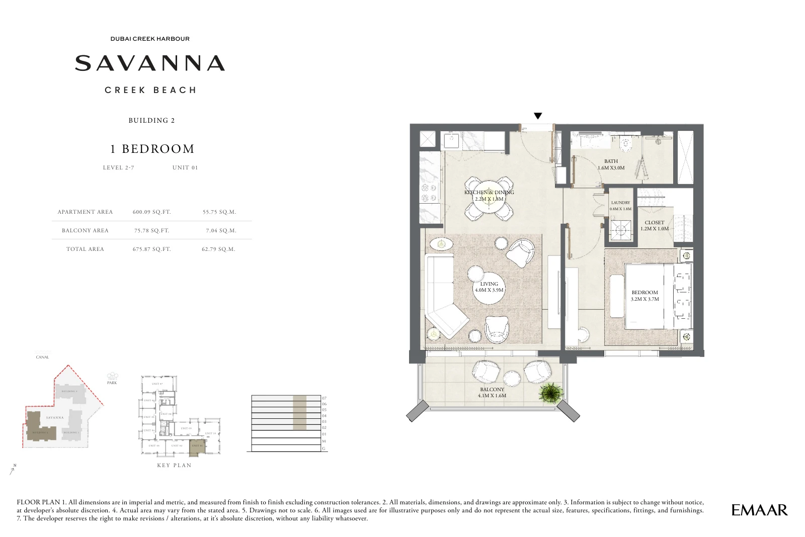 Floor plan for Building 2 - Level 2-7 - Unit 01 - 1 Bedroom