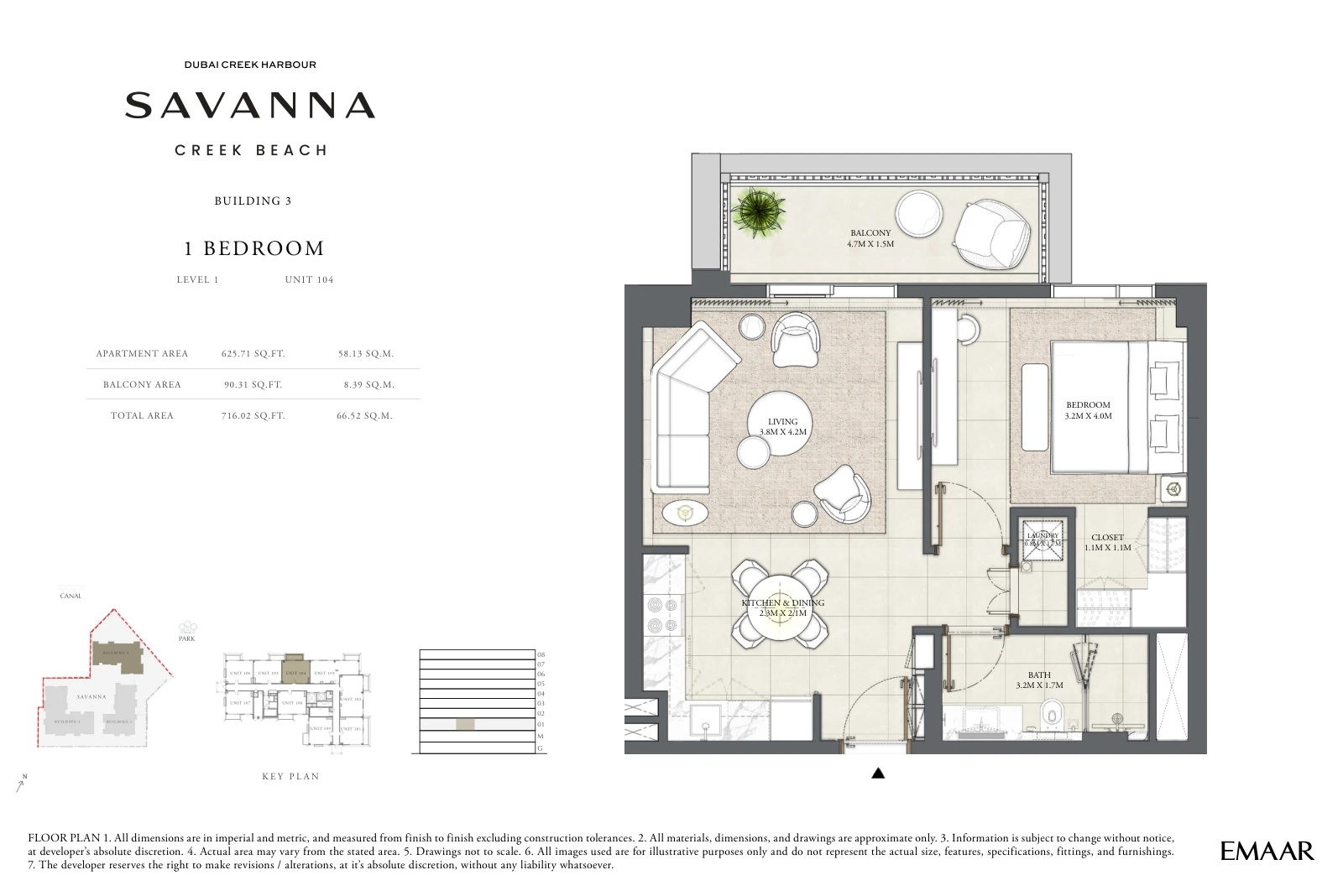 Floor plan for Building 3 - Level 1 - Unit 104 - 1 Bedroom