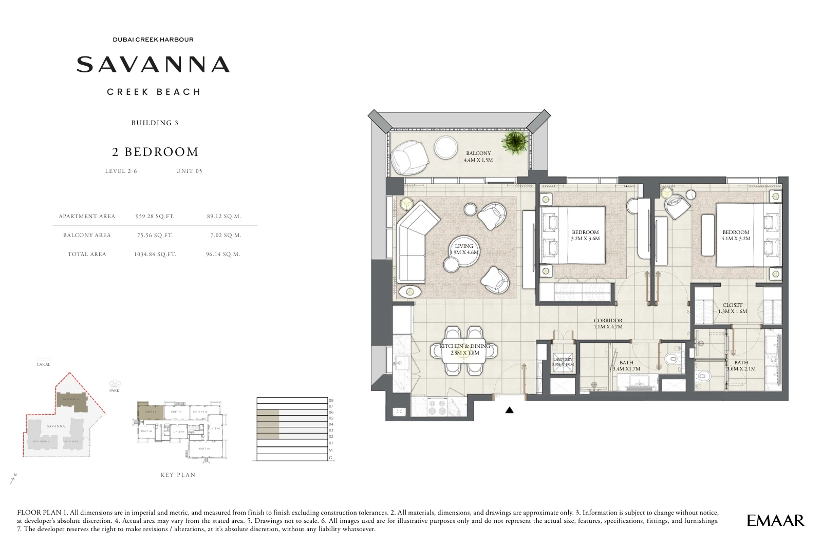 Floor plan for Building 3 - Level 2-6 - Unit 05 - 2 Bedrooms
