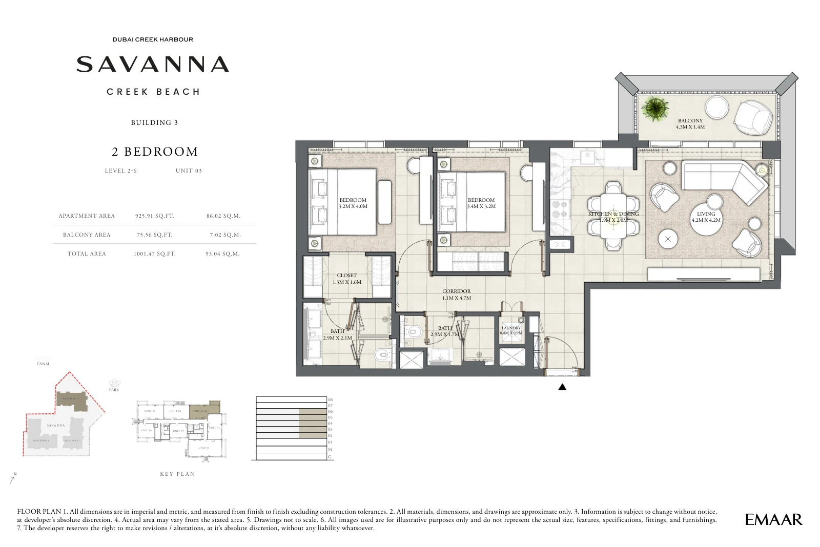 Floor plan for Building 3 - Level 2-6 - Unit 03 - 2 Bedrooms