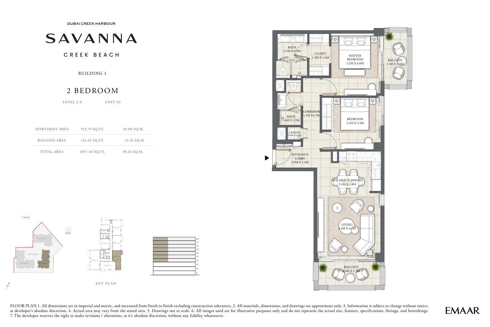 Floor plan for Building 1 - Level 2-8 - Unit 03 - 2 Bedrooms