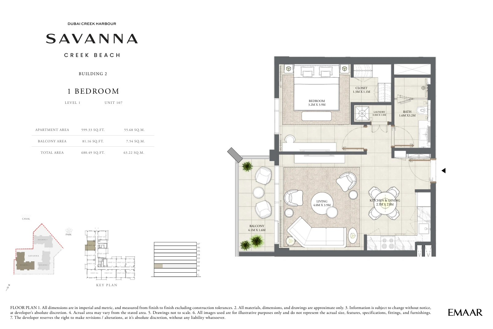 Floor plan for Building 2 - Level 1 - Unit 107 - 1 Bedroom