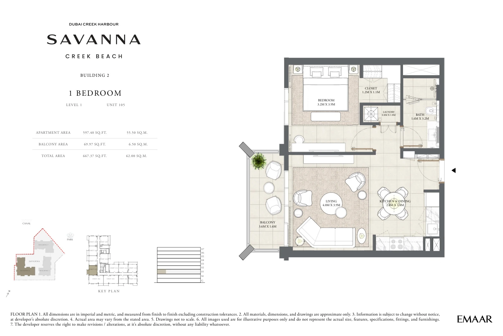 Floor plan for Building 2 - Level 1 - Unit 105 - 1 Bedroom