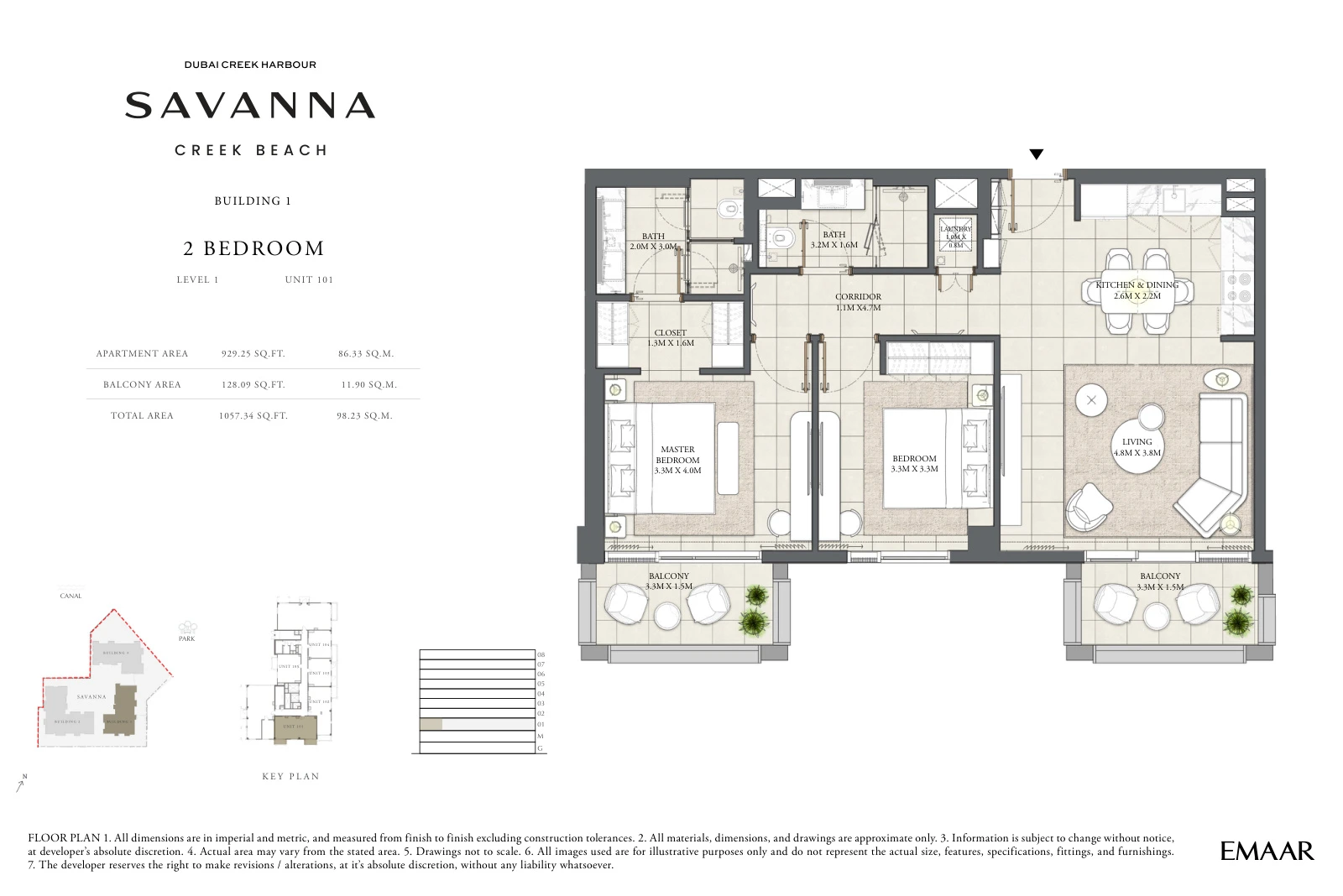 Floor plan for Building 1 - Level 1 - Unit 101 - 2 Bedrooms