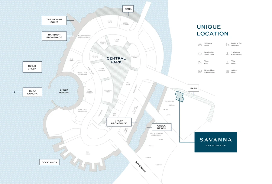Dubai Creek Harbour destination plan showing Savanna beside Creek Beach, the canal and the park.