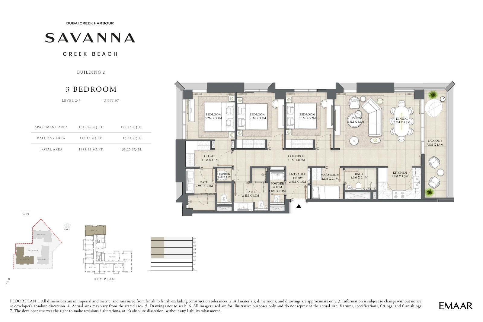 Floor plan for Building 2 - Level 2-7 - Unit 07 - 3 Bedrooms