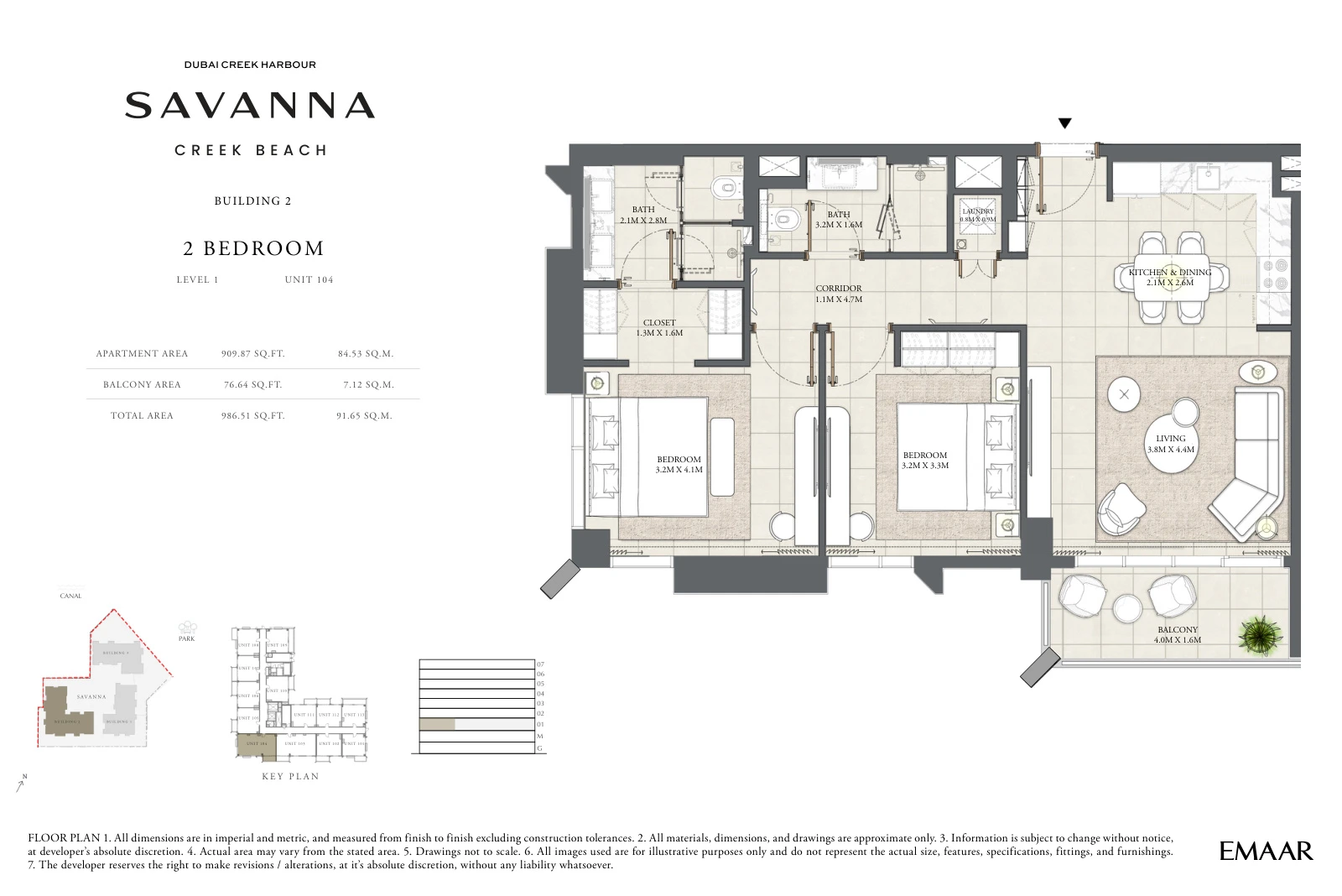 Floor plan for Building 2 - Level 1 - Unit 104 - 2 Bedrooms