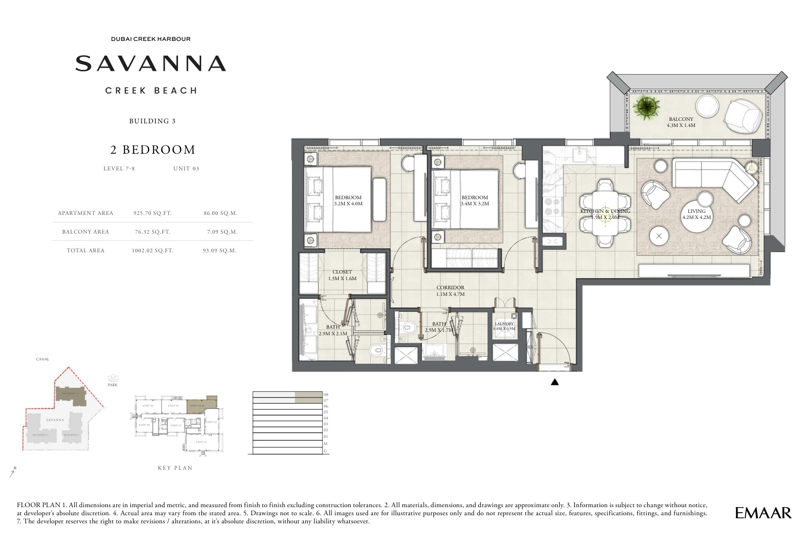 Floor plan for Building 3 - Level 7-8 - Unit 03 - 2 Bedrooms