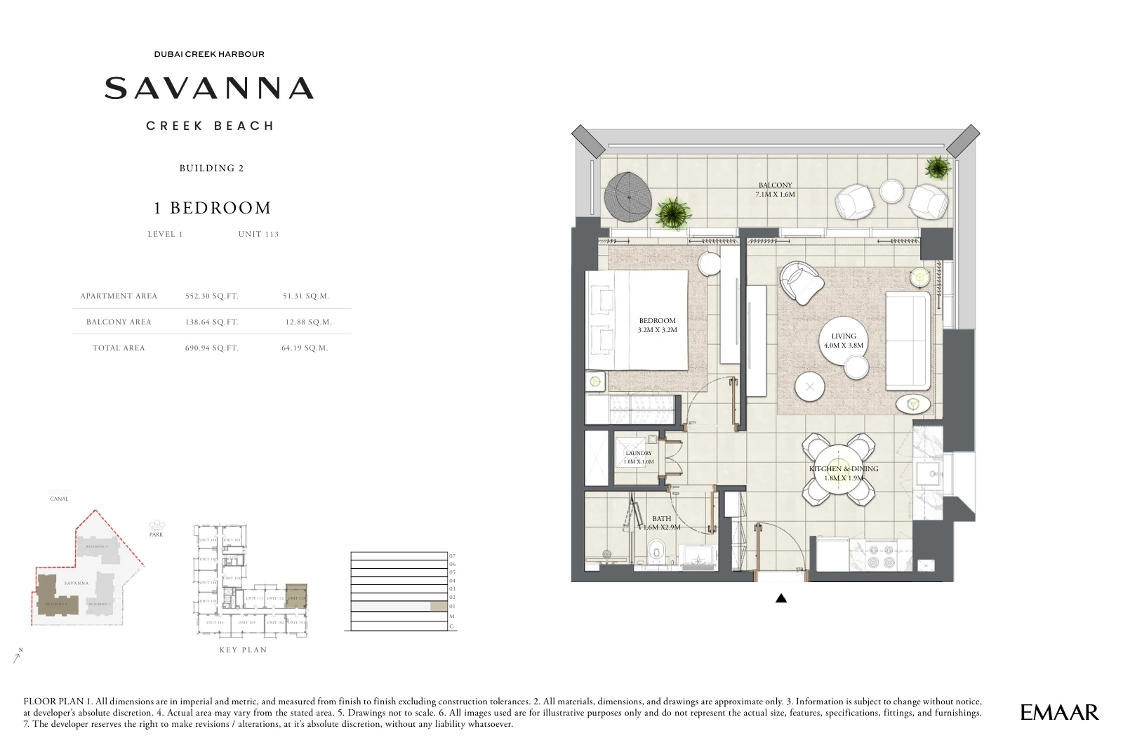 Floor plan for Building 2 - Level 1 - Unit 113 - 1 Bedroom