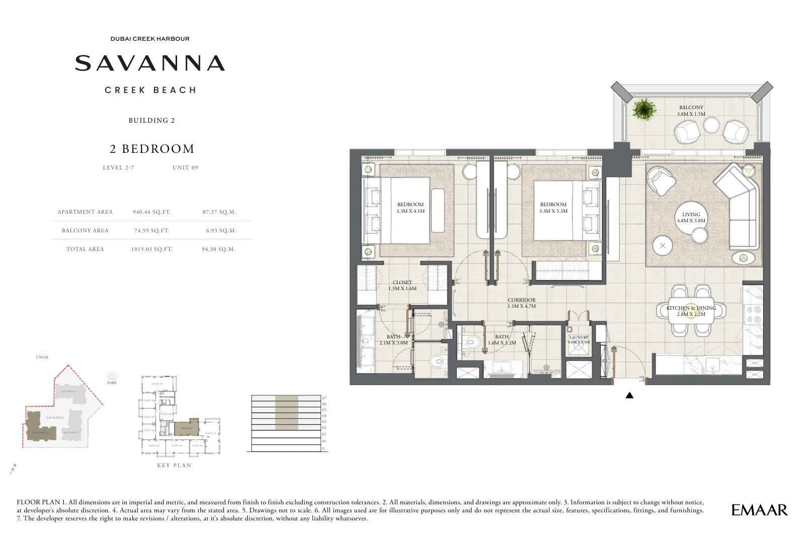 Floor plan for Building 2 - Level 2-7 - Unit 09 - 2 Bedrooms