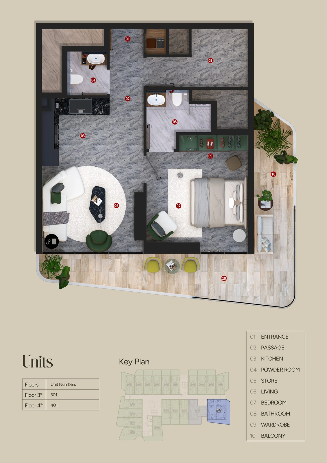 Floor plan for Unit 01, Floors 3 & 4 (557-841 sq ft)