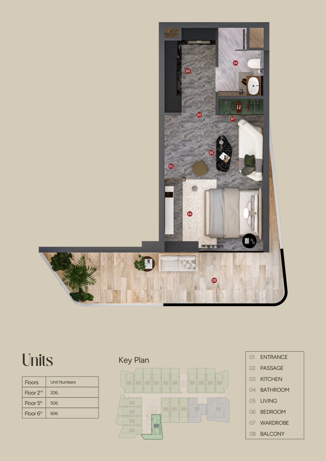 Floor plan for Unit 06, Floors 2, 5 & 6 (370-492 sq ft)