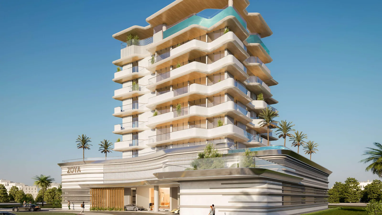 Daytime exterior of Elanora by Zoya with curved balconies