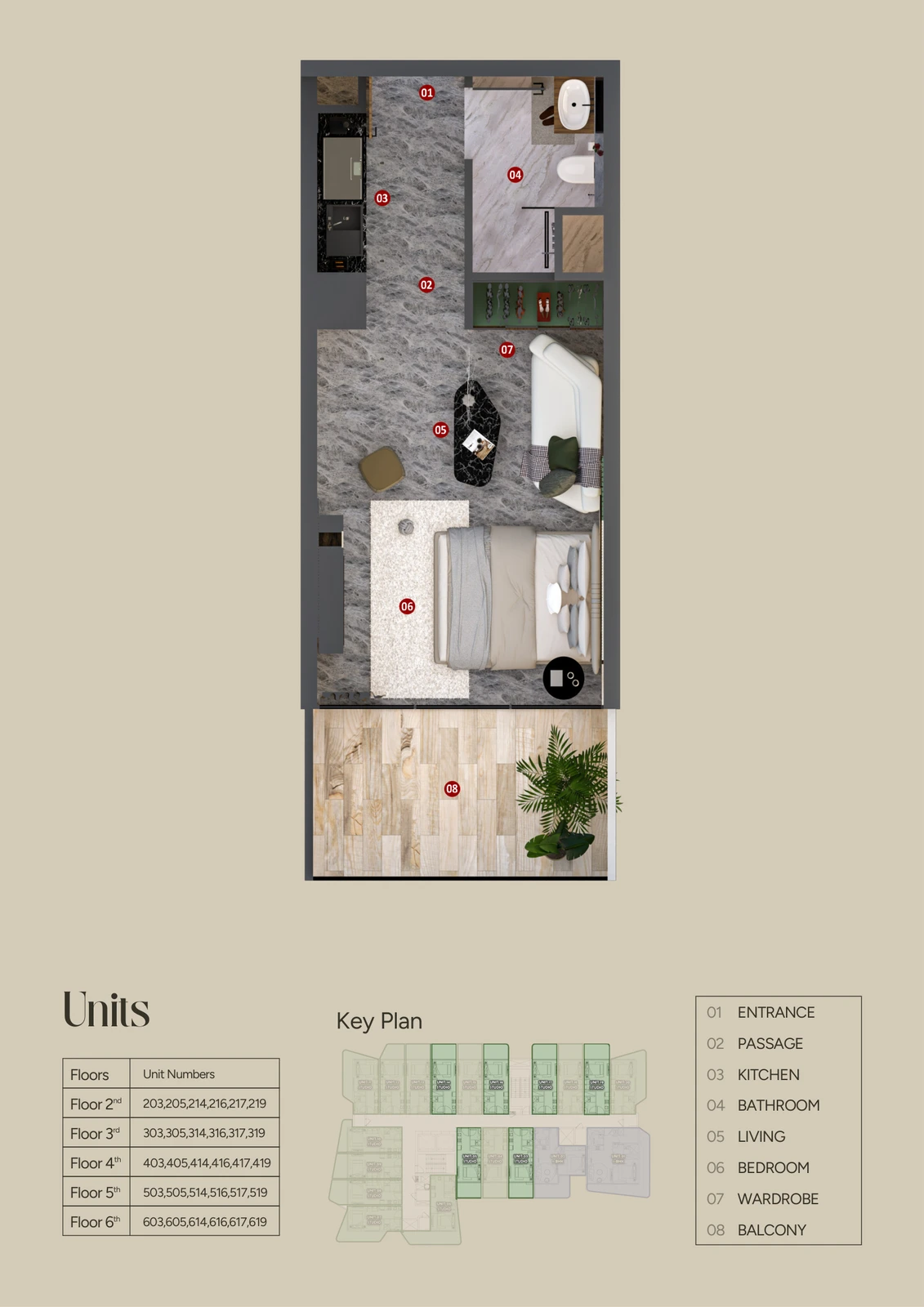 Floor plan for Units 03, 05, 14, 16, 17 & 19 (370-492 sq ft)