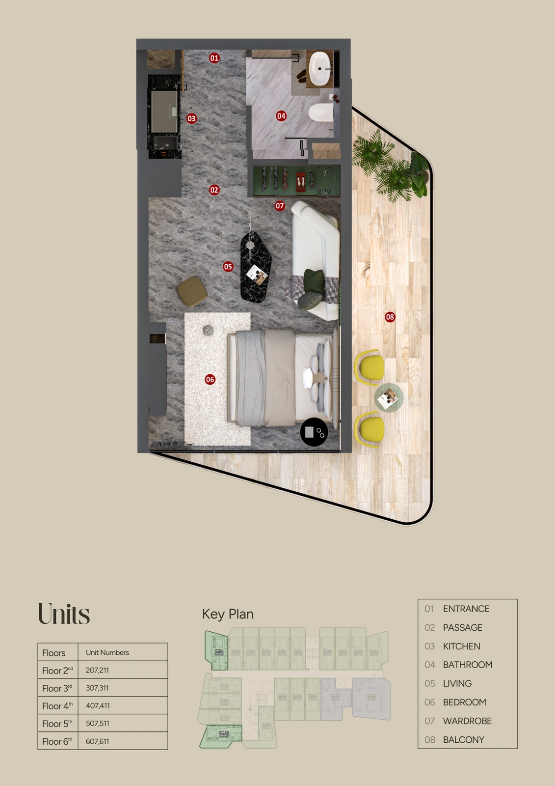 Floor plan for Units 07 & 11 (370-492 sq ft)