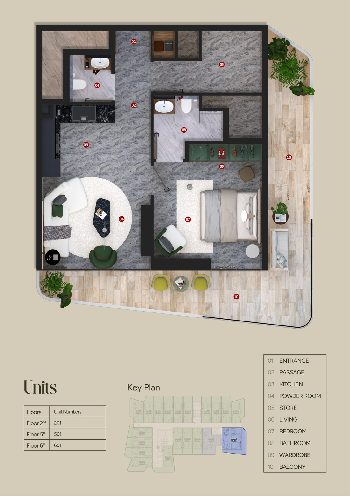 Floor plan for Unit 01, Floors 2, 5 & 6 (557-841 sq ft)