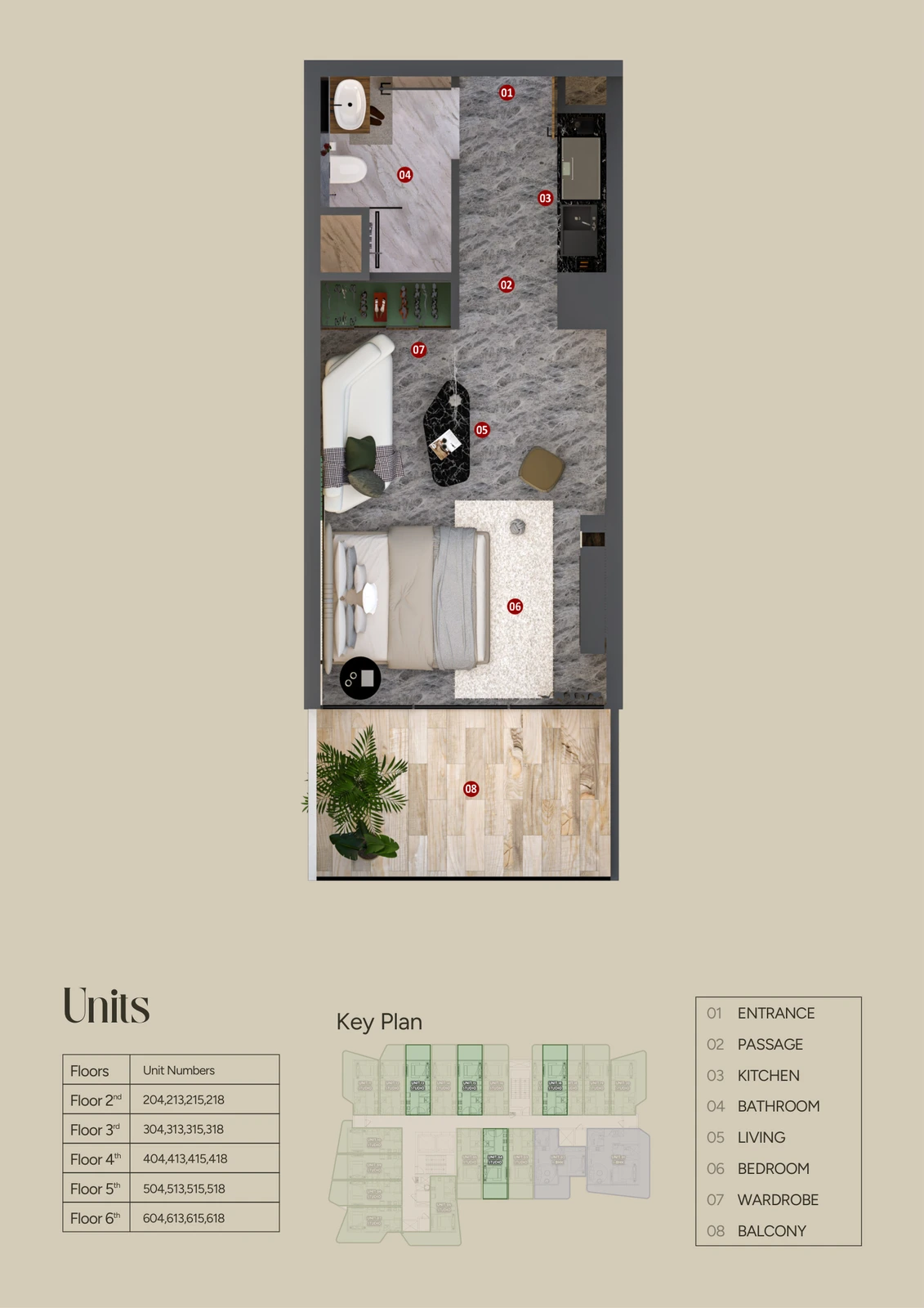 Floor plan for Units 04, 13, 15 & 18 (370-492 sq ft)