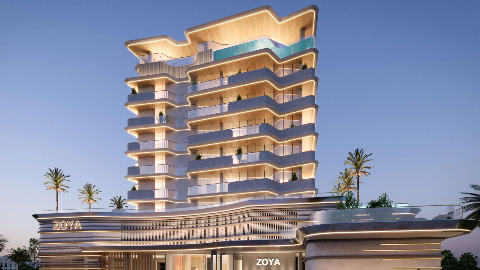 Elanora by Zoya illuminated facade at dusk
