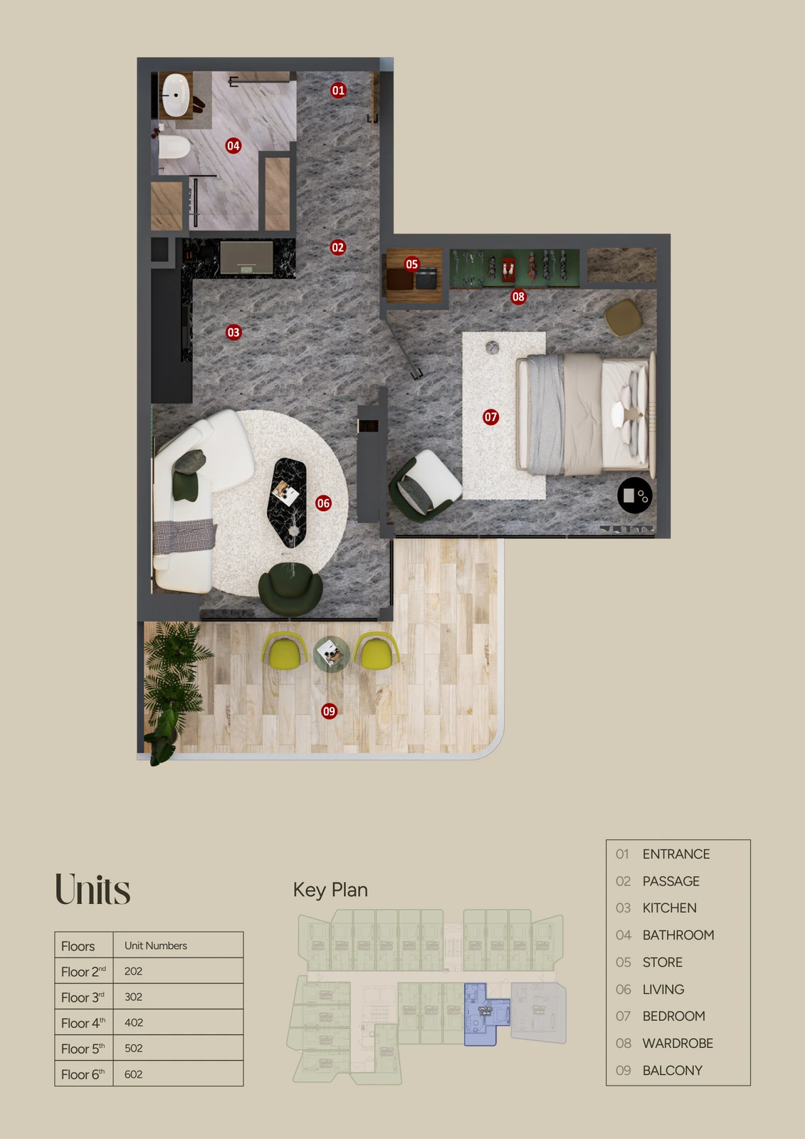 Floor plan for Unit 02 (557-841 sq ft)