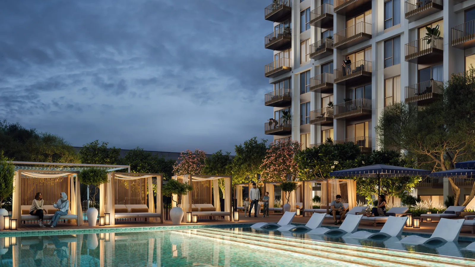 Swimming pool and sun deck at Altus at Dubai Creek Harbour
