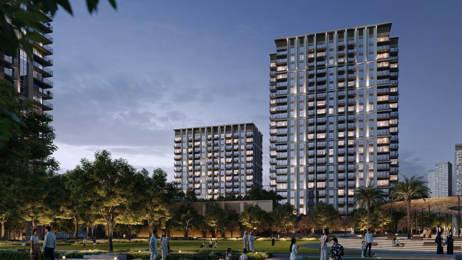 Altus at Dubai Creek Harbour twin residential towers beside landscaped parkland