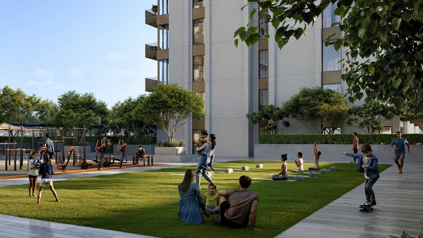 Landscaped activity lawn between the Altus residential towers