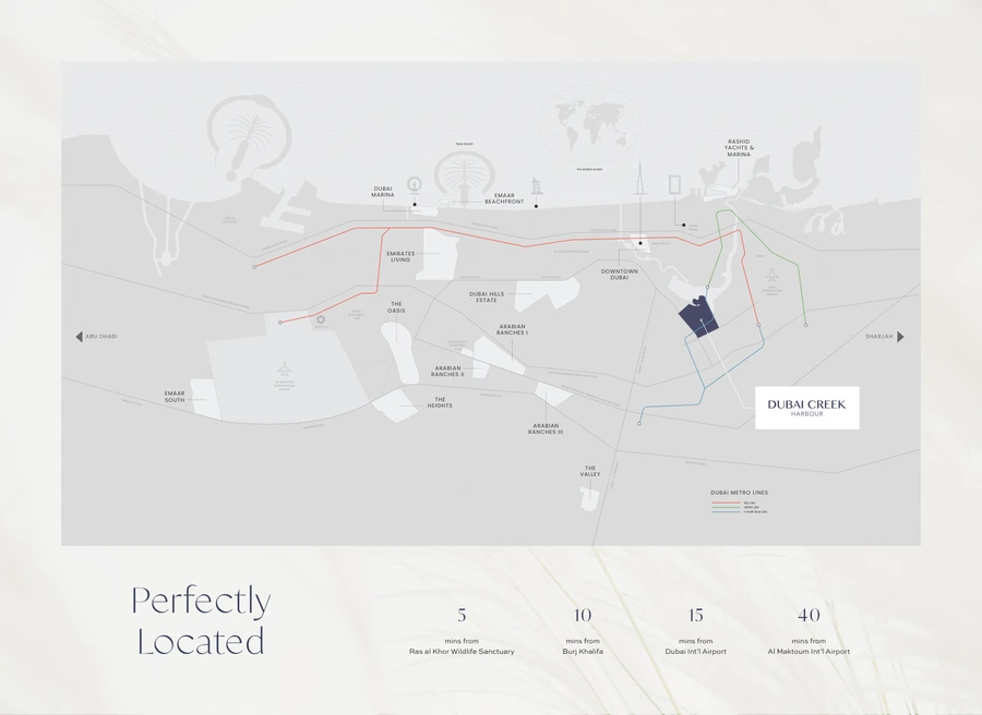 Altus at Dubai Creek Harbour location map with travel times to Dubai landmarks