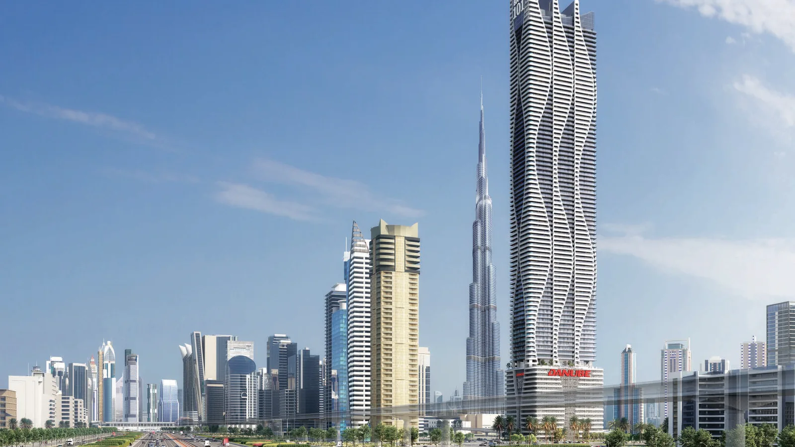 Daytime exterior of Bayz 101 beside Sheikh Zayed Road and the Dubai skyline