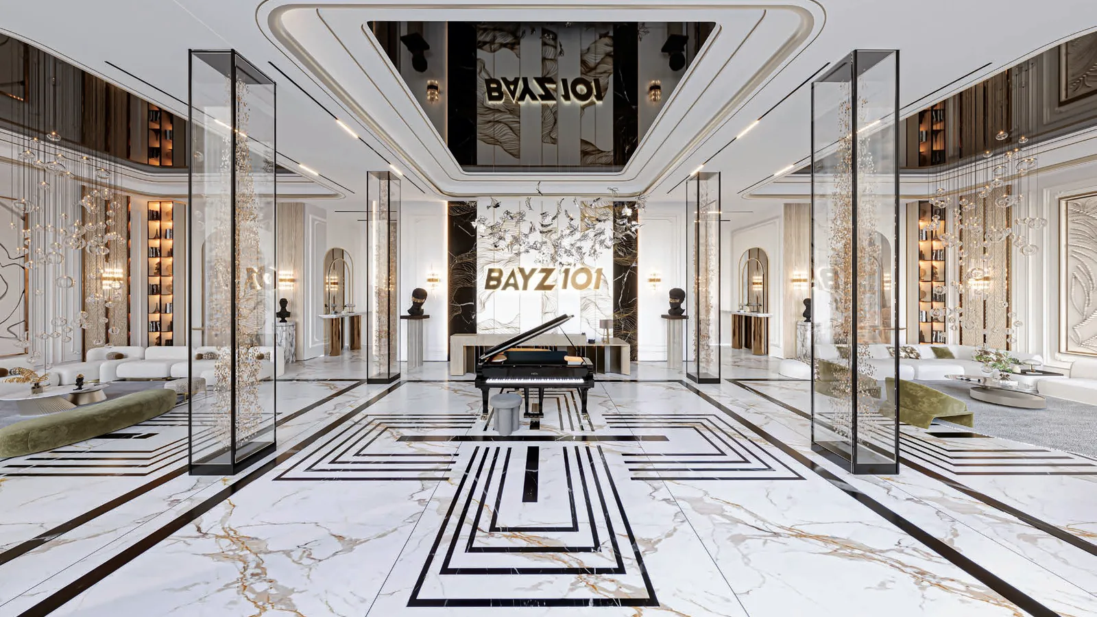 Bayz 101 resident lobby with a grand piano and double-height marble interior