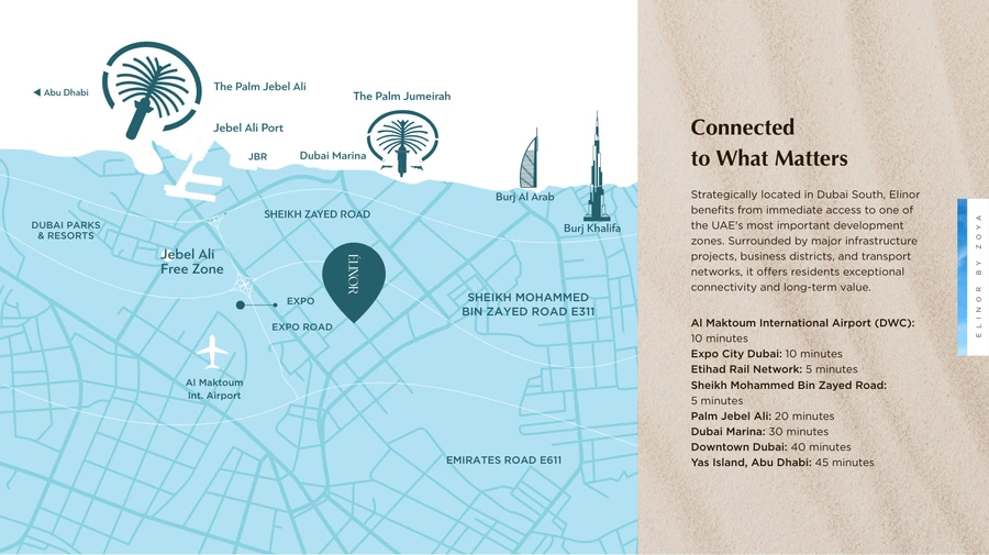 Location and connectivity map for Elinor by Zoya in Dubai South
