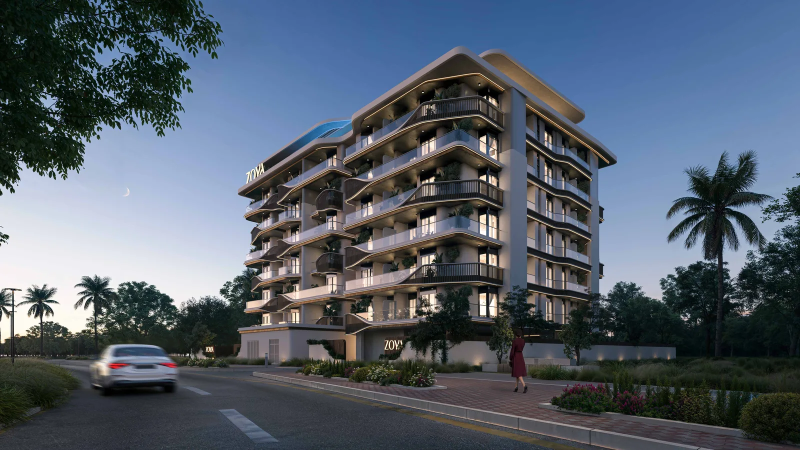 Evening approach to Elinor by Zoya through landscaped Dubai South streets