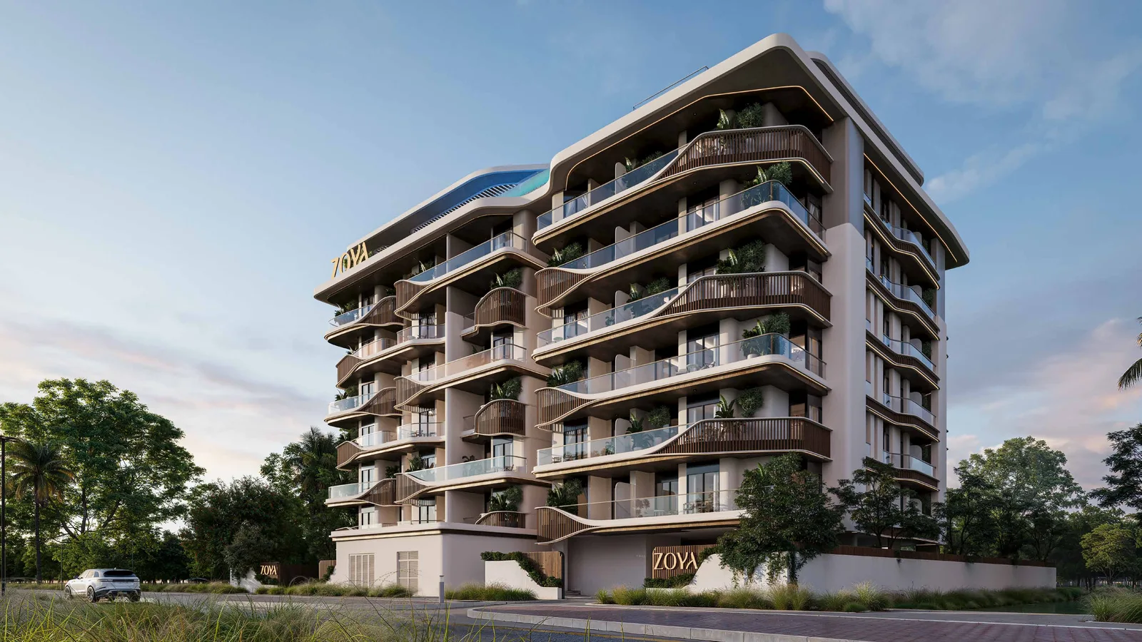 Daylight corner view of Elinor by Zoya and its curved balconies