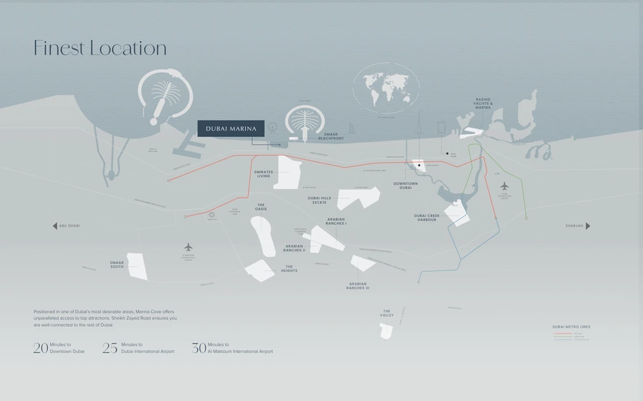 Marina Cove location map showing connections across Dubai